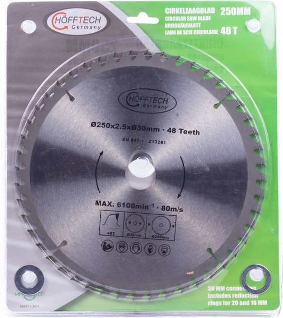 Lame de scie circulaire Ø 250 x 2,5 x Ø 30 mm 48 dents avec bagues de réduction 20 et 16 mm