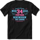 34 Jaar Legend - Feest kado T-Shirt Heren / Dames - Licht Blauw / Licht Roze - Perfect Verjaardag Cadeau Shirt - grappige Spreuken, Zinnen en Teksten. Maat M