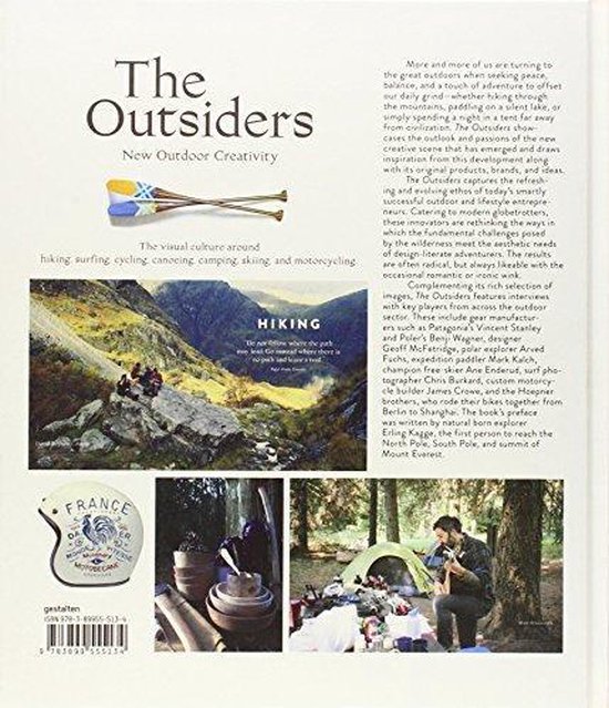Boekomslag 'The Outsiders: New Outdoor Creativity' met foto's van wandelen, kajakken en kamperen.