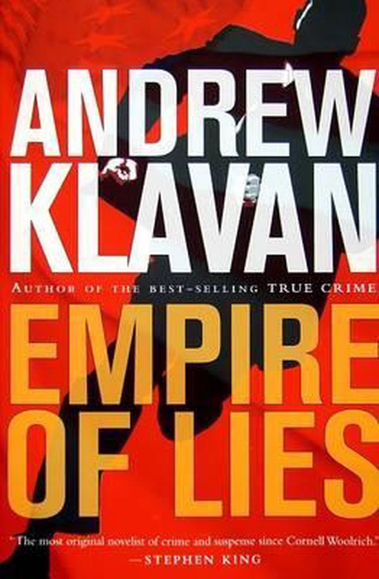 Boek "Empire of Lies" van Andrew Klavan. Met een silhouet van een man tegen een rode achtergrond.