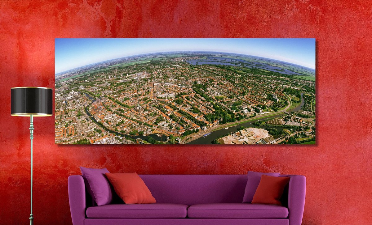 Gouda in Panorama | 200 x 90 cm | Foto op Canvas | Luchtfoto | Wanddecoratie | Skyline | Bijzonder Gedetailleerd