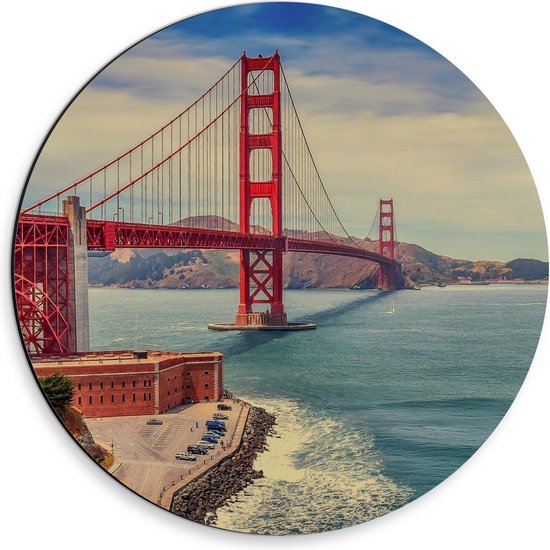 Dibond Wandcirkel - Rode Golden Gate Bridge  - 30x30cm Foto op Aluminium Wandcirkel (met ophangsysteem)