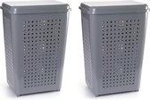 2x stuks grote wasmand/opberg mand met deksel 50 liter in het grijs - Kunststof - 41 x 31 x 61 cm - Wasmanden