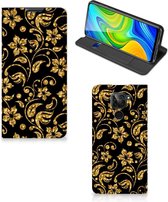 Bookcase Cadeau voor Oma Xiaomi Redmi Note 9 Telefoonhoesje Gouden Bloemen