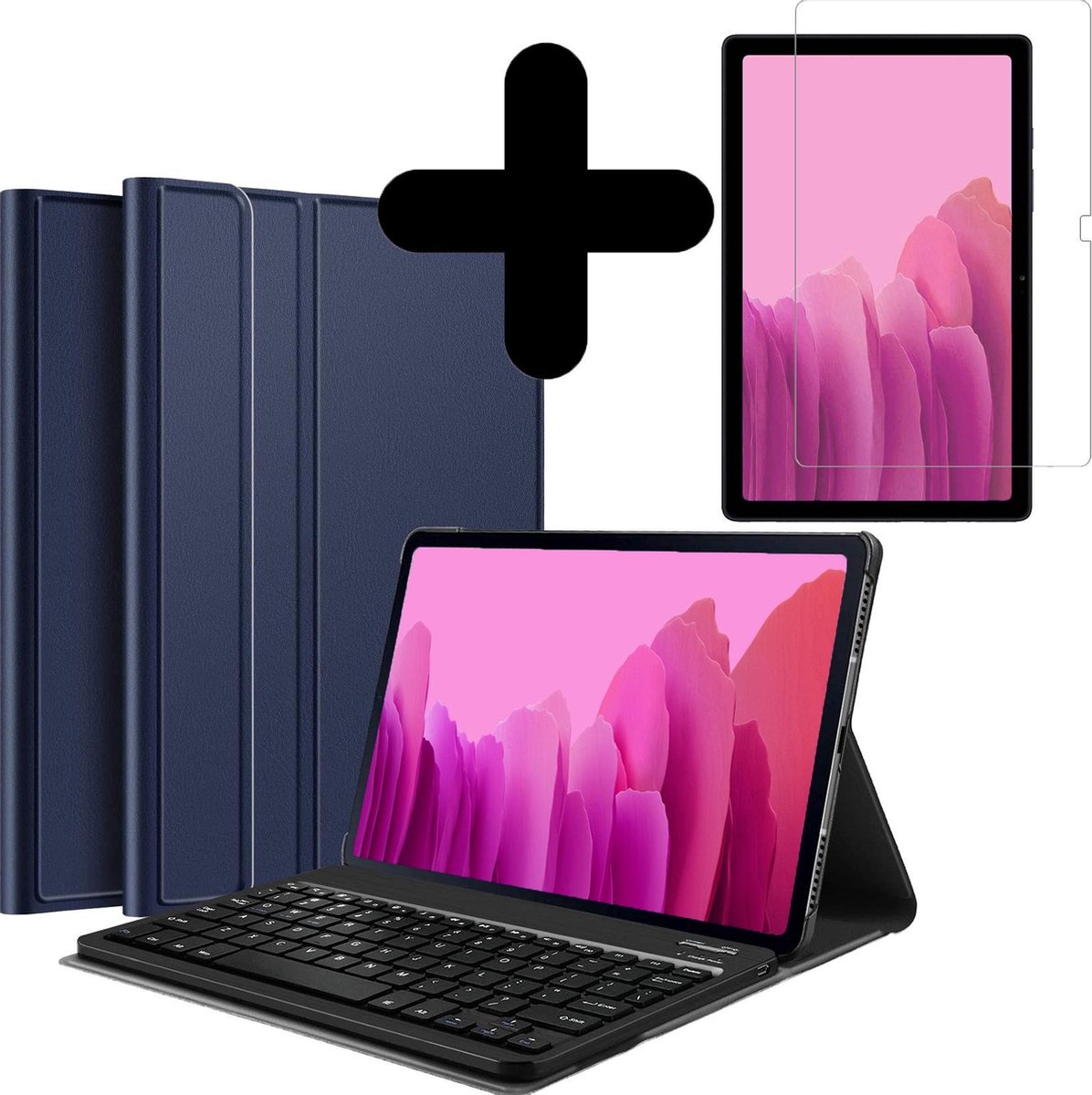 Hoes Geschikt voor Samsung Galaxy Tab A7 Hoes Keyboard Cover Toetsenbord Hoesje Met Screenprotector - Hoesje Geschikt voor Samsung Tab A7 Toetsenbord Hoes - Donkerblauw