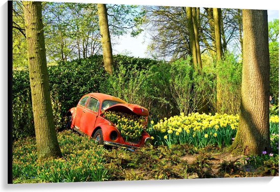 Canvas  - Rode Auto vol met Gele Bloemen - 120x80cm Foto op Canvas Schilderij (Wanddecoratie op Canvas)