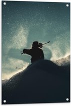 Tuinposter – Man met Skistokken in de Sneeuw - 60x90cm Foto op Tuinposter (wanddecoratie voor buiten en binnen)