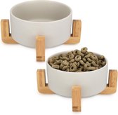2 x voederbak kat met bamboe houder - voederstation 2 x keramische kom voor katten honden - keramische voerbak set voederbaar met houten houder
