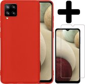 Samsung A12 Hoesje Siliconen Case Hoes Met Screenprotector - Rood