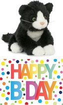 Coffret cadeau peluche chat / chat noir / blanc 18 cm avec grand format A5 carte de voeux Happy anniversaire