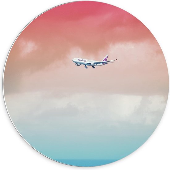 Forex Wandcirkel - Wit Vliegtuig in Gekleurde Licht - 70x70cm Foto op Wandcirkel (met ophangsysteem)