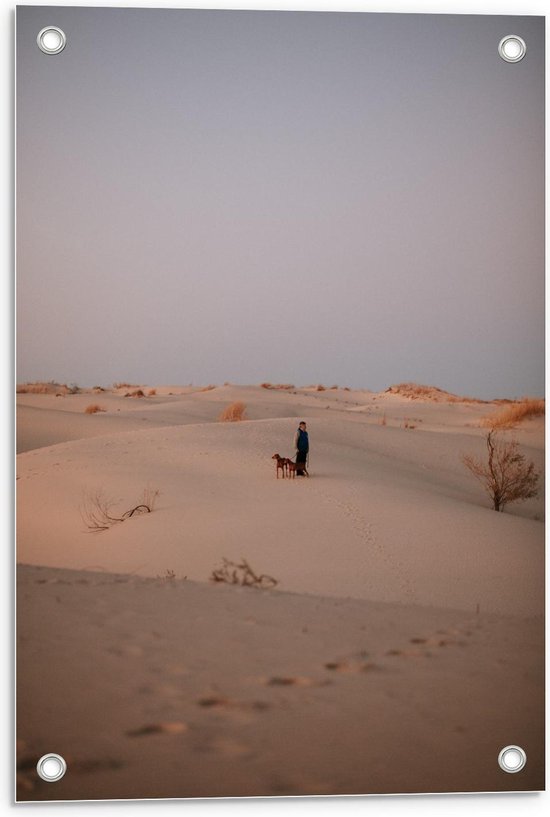 Tuinposter – Persoon met Hond in Woestijn - 40x60cm Foto op Tuinposter  (wanddecoratie voor buiten en binnen)