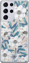 Samsung S21 Ultra hoesje siliconen - Bloemen / Floral blauw | Samsung Galaxy S21 Ultra case | blauw | TPU backcover transparant