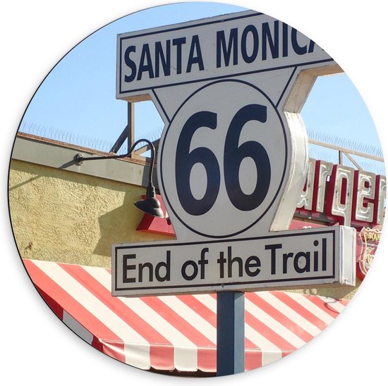 Dibond Wandcirkel - Bord met Tekst: ''Santa Monica, 66, End of the Trail'' - 60x60cm Foto op Aluminium Wandcirkel (met ophangsysteem)