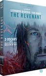 Blu-ray hoes van The Revenant met Leonardo DiCaprio's gezicht, bebloed en besneeuwd. Tekst: The Revenant, 3 Oscars, Meilleur réalisateur, Meilleur acteur.