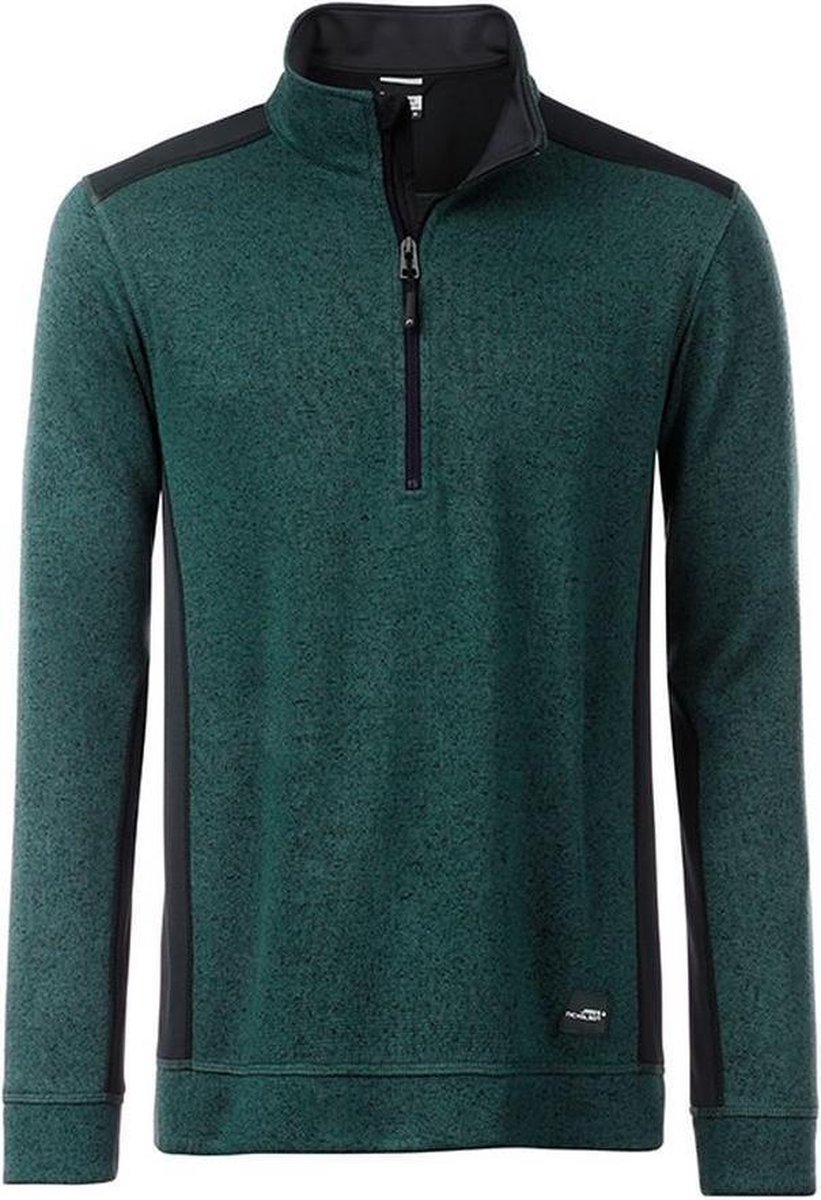 James and Nicholson Heren Gebreide werkkleding Fleece Half-Zip Donkergroen gemelangeerd Zwart