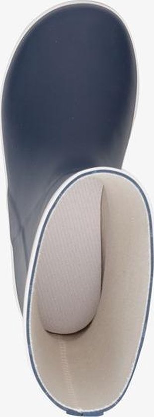 Dessus d'une botte de pluie bleu foncé avec doublure beige.
