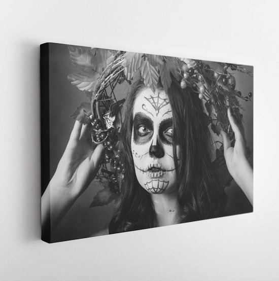Black and white portrait of sugar skull with wreath on head. Pretty model posing on camera. Woman has beauty make up - Modern Art Canvas - Horizontal - 722663590 - 40*30 Horizontal
