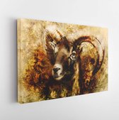 Drawing of male wild sheep with mighty horns on flower background. - Modern Art Canvas - Horizontal - 1322254310 - 40*30 Horizontal