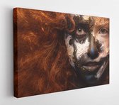 Red haired woman with face art and creative make up. Curly hair style. Black and white face art. Fantasy painted girl. Masquerade - Modern Art Canvas - Horizontal - 243473584 - 115