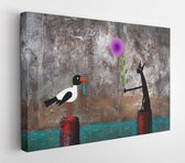 A cute greetings card: a black cat presenting a pretty gull with a beautiful big violet aster on the sea background - Modern Art Canvas - Horizontal - 665091643 - 80*60 Horizontal