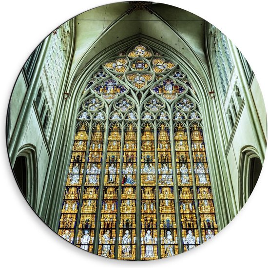 Dibond Wandcirkel - Glas-in-lood Raam in Kerk - 50x50cm Foto op Aluminium Wandcirkel (met ophangsysteem)