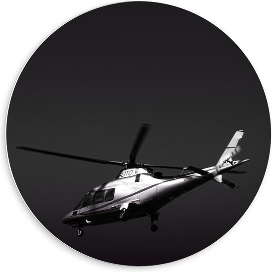 Forex Wandcirkel - Helikopter in de Lucht (Zwart Wit)  - 60x60cm Foto op Wandcirkel (met ophangsysteem)