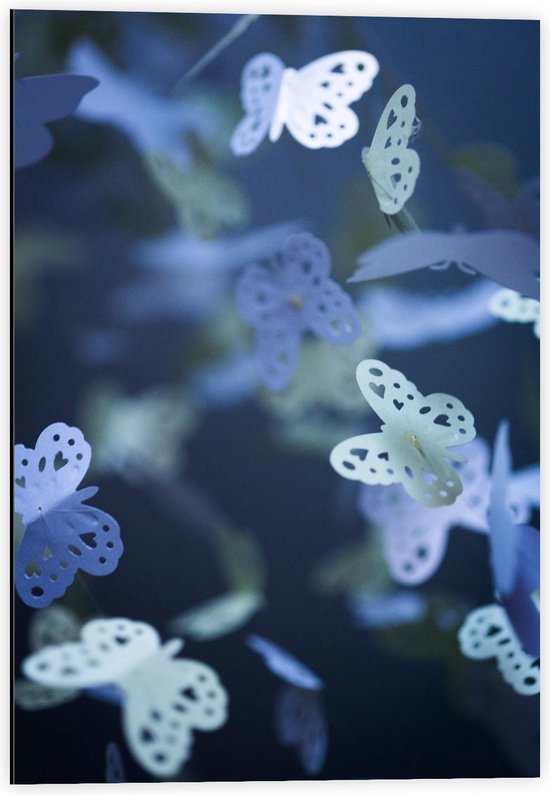 Dibond - Blauw/Groene Papieren Vlindertjes - 40x60cm Foto op Aluminium (Met Ophangsysteem)
