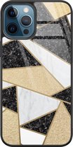 iPhone 12 hoesje glas - Goud abstract - Hard Case - Zwart - Backcover - Print / Illustratie - Multi