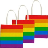 3x Polyester boodschappentasje/shopper regenboog/rainbow/pride vlag voor volwassenen en kids - Festival/pride musthaves