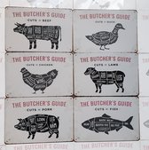 6x Butcher's guide | dé complete set XL | rund + kip + varken + eend + lam + vis | metalen wandborden | bbq | 20 x 30cm | binnen en buiten