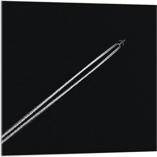 Acrylglas - Vliegtuig in de Lucht (schuin, zwart/wit) - 100x100cm Foto op Acrylglas (Wanddecoratie op Acrylglas)