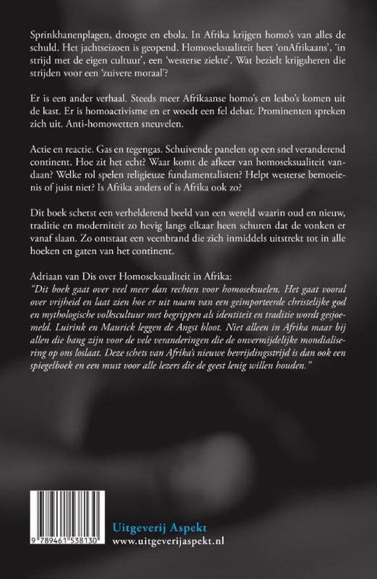 Boekomslag met de titel 'Homoseksualiteit in Afrika: Een gevaarlijke liefde'. Achtergrond met tekst.