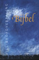 Bijbel Willibrordvertaling. Donkerblauwe kaft met een abstracte, verfachtige textuur. Onderaan een silhouet van een menigte.