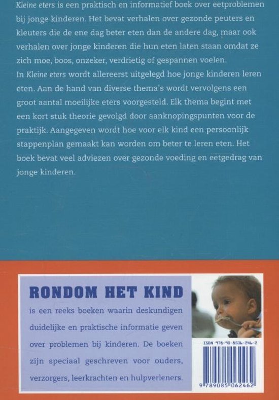 Boek "Rondom het kind" met tekst over eetproblemen bij jonge kinderen. Achterkant met ISBN en barcode.