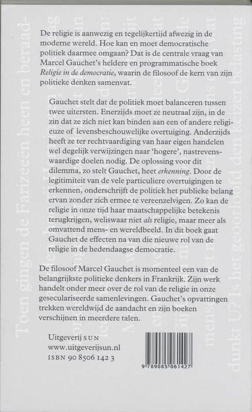Achterpagina van het boek 'Religie in de democratie' met tekst en ISBN.