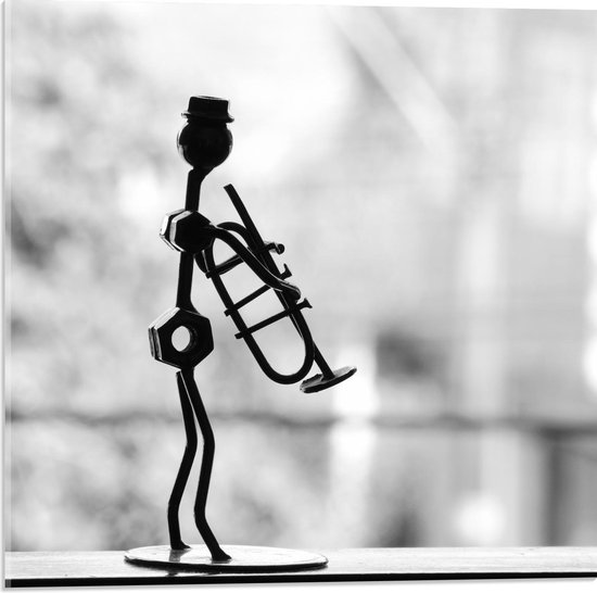 Acrylglas - Silhouet van Trompet Poppetje Zwart - Wit - 50x50cm Foto op Acrylglas (Met Ophangsysteem)