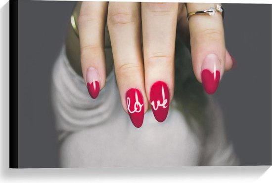 Canvas  - Roze Nagels met Witte Letters '' LOVE'' - 60x40cm Foto op Canvas Schilderij (Wanddecoratie op Canvas)