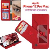 EmpX.nl Apple iPhone 12 Pro Max Rood Boekhoesje en 2x Screen Protector | Portemonnee Book Case | Met Multi Stand Functie | Kaarthouder Card Case | Beschermhoes Sleeve | Met Pasjesh