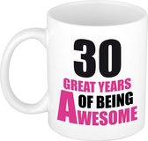 30 great years of being awesome mok wit en roze - cadeau mok / beker - 30e verjaardag / 30 jaar