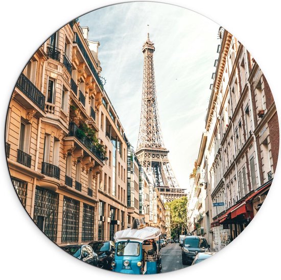 Dibond Wandcirkel - Voertuigen in de Straat bij de Eiffeltoren - 70x70cm Foto op Aluminium Wandcirkel (met ophangsysteem)