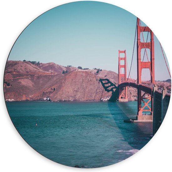 Dibond Wandcirkel - Golden Gate Bridge vanaf de Zijkant - San Francisco  - 60x60cm Foto op Aluminium Wandcirkel (met ophangsysteem)