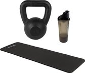 Tunturi - Fitness Set - Kettlebell 12 kg - Fitnessmat 180 x 60 x 1,5 cm - Shakebeker