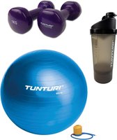 Tunturi - Fitness Set - Vinyl Dumbbell 2 x 1 kg - Gymball Blauw 90 cm - Shakebeker