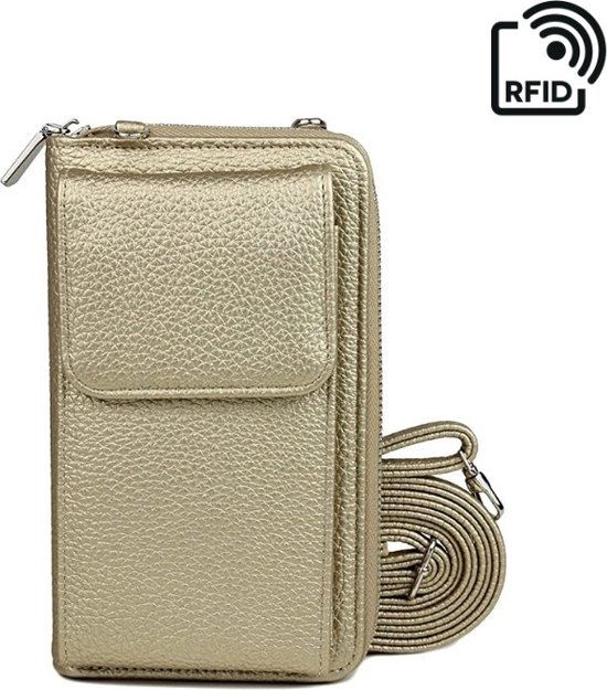 Portemonnee tasje RFID met schouderband goud - Telefoontasje dames - Anti-skim - Schoudertas klein - Portemonnee voor mobiel