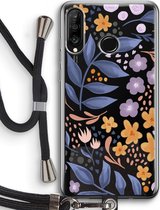 Case Company® - Huawei P30 Lite hoesje met Koord - Flowers with blue leaves - Telefoonhoesje met Zwart Koord - Bescherming aan alle Kanten en Over de Schermrand