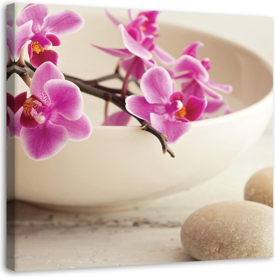 Trend24 - Canvas Schilderij - Roze Orchideeën In Een Gerecht - Schilderijen - Bloemen - 30x30x2 cm - Roze