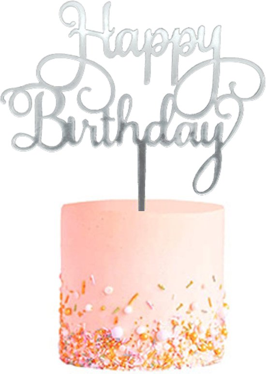 Cake Topper Happy Birthday Versiering Taarttopper Decoratie Zilver Verjaardag Versiering Feest Versiering – 1 Stuk