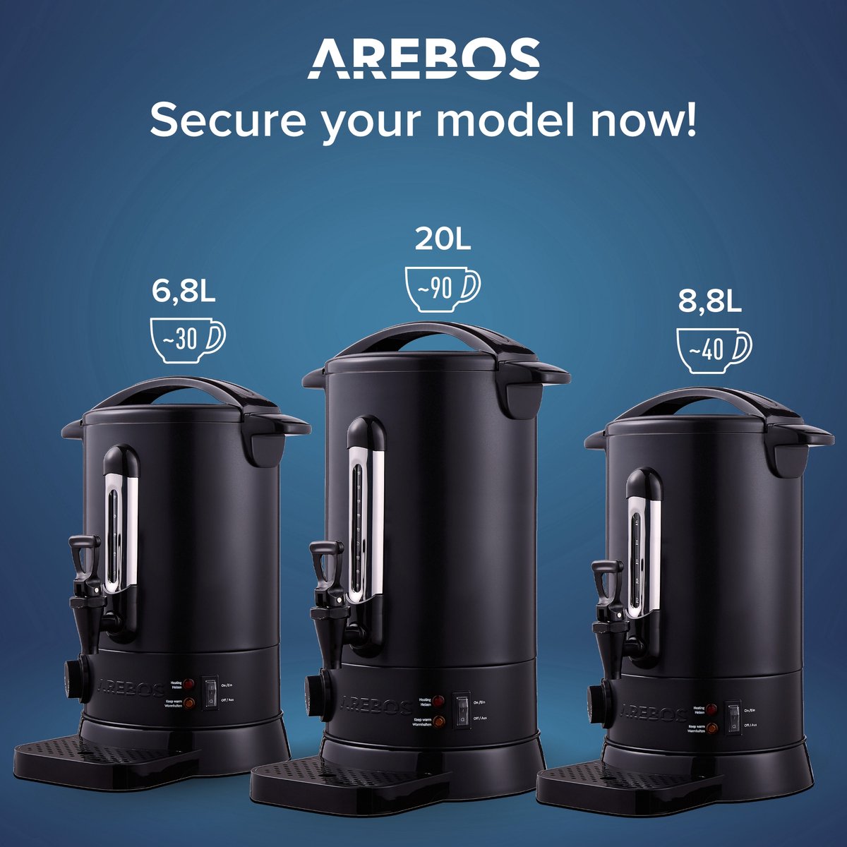 Arebos Catering Koker 20 L | roestvrij Staal Warmwaterdispenser 1650W | Heetwaterkoker | Theekoker met traploze temperatuurregelaar 30-110 °C | Thee Koffie Glühwein Ketel | Glühweinfornuis