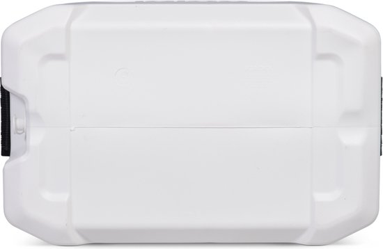 Bovenaanzicht van een witte Igloo koelbox met grijze zijkanten en zwarte handgrepen.